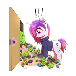 Size: 2274x2274 | Tagged: safe, artist:harukiicat, oc, oc only, pony, unicorn, clothes, door, high res, hoodie, magic, magic aura, profile, simple background, solo, surprised, tamagotchi, white background