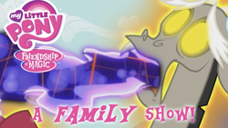 Size: 3359x1888 | Tagged: editor needed, safe, edit, edited screencap, screencap, discord, draconequus, ponies the anthology v, g4, season 4, twilight's kingdom, a family picture, a family show, caption, logo, male, meme, nightmare fuel, nostalgia critic, show logo, solo, text, you know for kids