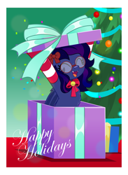 Size: 3654x5000 | Tagged: safe, artist:jhayarr23, oc, oc:shadow twinkle, bat pony, armpits, bowtie, chest fluff, christmas, christmas tree, clothes, commission, crossdressing, cute, fangs, femboy, freckles, glasses, holiday, male, present, socks, striped socks, tree, ych result