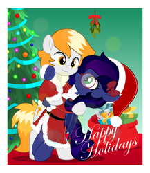 Size: 4333x5000 | Tagged: safe, artist:jhayarr23, oc, oc:azzy aurelian, oc:shadow twinkle, bat pony, pony, bipedal, bow, christmas, christmas tree, clothes, commission, costume, crossdressing, cute, femboy, freckles, glasses, hair bow, holiday, male, present, santa costume, tree, ych result