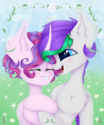 Size: 1629x1947 | Tagged: safe, artist:lony, oc, oc:lony, oc:melody (melodylibris), pony, unicorn, friends, smiling