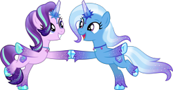 Size: 6109x3200 | Tagged: safe, alternate version, artist:limedazzle, starlight glimmer, trixie, auroricorn, pony, g4, g5, crystal horn, cute, dancing, diatrixes, duo, duo female, female, glimmerbetes, glitter, grin, happy, horn, jewelry, lesbian, looking at each other, looking at someone, mare, necklace, open mouth, open smile, race swap, ship:startrix, shipping, simple background, smiling, teeth, transparent background, unshorn fetlocks