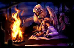 Size: 2447x1604 | Tagged: safe, artist:meowcephei, oc, oc:gwent, oc:steelwinghollowtooth, griffon, hippogriff, campfire, camping, commission, cuddling, fire, forest, forest background, griffon oc, hippogriff oc, nature, tree