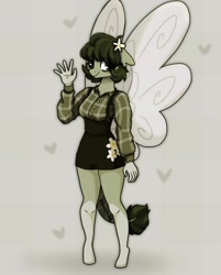 Size: 1492x1855 | Tagged: safe, artist:_alixxie_, oc, oc only, oc:cora, flutter pony, anthro, unguligrade anthro, female, flower, flower in hair, green background, simple background, smiling, solo, waving