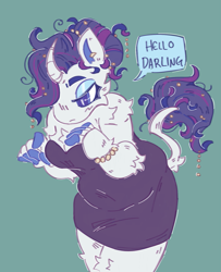 Size: 1201x1481 | Tagged: safe, artist:tottallytoby, rarity, pony, unicorn, anthro, g4, arm fluff, bracelet, breasts, cheek fluff, cleavage, cleavage fluff, clothes, curved horn, darling, dialogue, dress, ear piercing, earring, elbow fluff, eyeshadow, female, finger hooves, hair beads, hair bun, horn, jewelry, leg fluff, leonine tail, lidded eyes, makeup, piercing, shoulder fluff, simple background, solo, speech, speech bubble, strapless, strapless dress, tail, tail beads, tail fluff, tail jewelry, talking, teal background, text