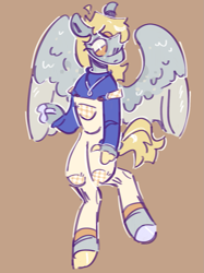 Size: 1017x1362 | Tagged: safe, artist:tottallytoby, derpy hooves, pegasus, pony, anthro, unguligrade anthro, g4, ahoge, blaze (coat marking), brown background, clothes, coat markings, colored hooves, colored wings, colored wingtips, facial markings, female, finger hooves, fingerless gloves, freckles, gloves, gray wingtips, jewelry, necklace, overalls, simple background, solo, spread wings, sweater, tan background, wing freckles, wings