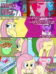 Size: 2000x2643 | Tagged: safe, artist:bestponies, fluttershy, pinkie pie, rainbow dash, oc, oc:violet drop, earth pony, goo, goo pony, monster pony, original species, pegasus, pony, comic:nurses take over, g4, clothes, comic, comic panel, cookie, dialogue, eyes closed, female, food, high res, hospital, magic, mare, open mouth, overheal, speech bubble, telekinesis