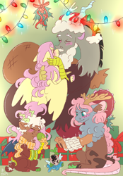 Size: 3280x4720 | Tagged: safe, artist:labrony12, discord, fluttershy, oc, draconequus, hybrid, pegasus, pony, snake, g4, 2023, antlers, baby, beard, blushing, bow, christmas, christmas lights, clothes, eyes closed, facial hair, family, female, hat, holiday, holly, holly mistaken for mistletoe, hybrid oc, interspecies, interspecies offspring, kissing, male, offspring, parent:discord, parent:fluttershy, parents:discoshy, present, santa hat, scarf, ship:discoshy, shipping, straight, toy, wings