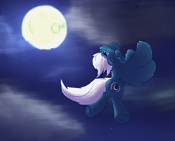 Size: 2000x1612 | Tagged: safe, artist:gosha305, night glider, pegasus, pony, g4, background pony, blue background, blue eyes, chest fluff, cloud, ear fluff, female, fluffy, flying, head tilt, mare, moon, moonlight, night, night sky, simple background, sky, smiling, solo, spread wings, stars, tail, underhoof, upside down, wings