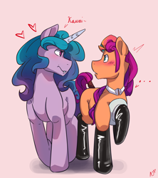 Size: 4000x4500 | Tagged: safe, artist:nanazdina, izzy moonbow, sunny starscout, earth pony, pony, unicorn, g5, clothes, duo, female, floating heart, heart, hoof on chest, latex, latex socks, lesbian, looking at each other, looking at someone, mane stripe sunny, mare, ship:moonscout, shipping, socks