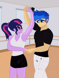 Size: 3000x4000 | Tagged: safe, artist:alkabiadiz, flash sentry, sci-twi, twilight sparkle, human, equestria girls, g4, breasts, dancing, duo, female, looking at each other, looking at someone, male, romance, ship:flashlight, ship:sci-flash, shipping, smiling, smiling at each other, straight