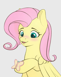 Size: 530x668 | Tagged: safe, artist:aterhut, fluttershy, butterfly, pegasus, pony, g4, blushing, cute, female, mare, shyabetes, sitting, smiling, solo, wings