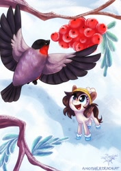 Size: 2480x3508 | Tagged: safe, artist:anotherdeadrat, artist:jsunlight, oc, oc only, bird, bullfinch, pegasus, pony, amazed, beanie, berry, clothes, collaboration, colored wings, eurasian bullfinch, folded wings, food, freckles, hat, high res, looking at something, looking up, open mouth, open smile, outdoors, pegasus oc, rowan, smiling, snow, solo, standing, tree branch, wings, winter outfit