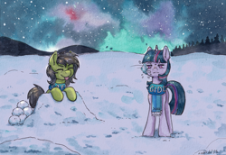 Size: 5711x3921 | Tagged: safe, artist:lightisanasshole, twilight sparkle, oc, oc:filly anon, earth pony, pony, unicorn, g4, 4chan cup scarf, :p, absurd resolution, aurora borealis, clothes, cute, duo, duo female, female, filly, forest, hill, nature, night, scarf, snow, snowball, snowball fight, stars, tongue out, traditional art, tree, unimpressed, watercolor painting