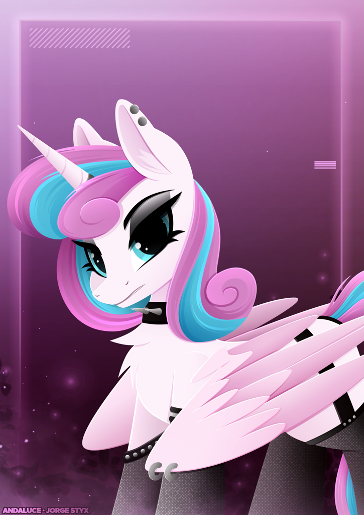 [alicorn,clothes,collar,emo,female,g4,horn,horn ring,mare,older,piercing,pony,ring,safe,socks,solo,teeth,wings,gritted teeth,edgy,lineless,spiked collar,gradient background,large wings,artist:andaluce,princess flurry heart,princess emo heart,older flurry heart,partially open wings,artist:jorge-styx]