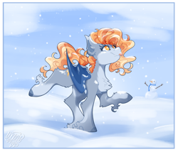 Size: 2494x2136 | Tagged: safe, artist:ezzerie, oc, oc only, oc:snooze, bat pony, pony, :p, female, fetlock tuft, fluffy, high res, mare, snow, snowman, solo, tongue out