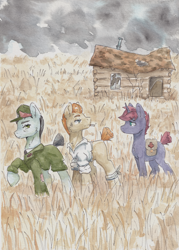 Size: 4251x5946 | Tagged: safe, artist:lightisanasshole, oc, oc only, oc:blazin glory, oc:night stocker, oc:verbose maxim, earth pony, pony, unicorn, equestria at war mod, abandoned, absurd resolution, bag, bandage, broken, bruised, cigar, cigarette, clothes, cloud, cloudy, dark, field, house, looking back, male, medic, medical saddlebag, military, military uniform, serious, serious face, traditional art, uniform, war, watercolor painting, window