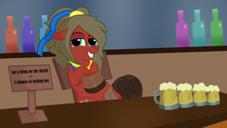 Size: 1920x1080 | Tagged: safe, artist:thebrony700, oc, oc:disco hooch, oc:tango spirits, earth pony, alcohol, bandana, bar, beer, bondage, bottle, bound, chair, drink, earth pony oc, fetish, hoof fetish, hooves on the table, hooves to the chest, hooves together, imminent tickles, mug, ponytail, presenting, ribbon, rule 63, sign, text, tickle fetish, tickling, tied up