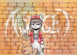 Size: 6488x4601 | Tagged: safe, artist:lightisanasshole, octavia melody, earth pony, pony, g4, bipedal, bipedal leaning, bracelet, cello, clothes, cool, graffiti, hat, jewelry, leaning, looking at you, music notes, musical instrument, necklace, octavia is not amused, serious, serious face, short shirt, solo, sticker, text, traditional art, unamused, wall, watercolor painting