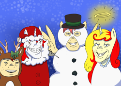 Size: 3508x2480 | Tagged: safe, artist:lightisanasshole, oc, oc:aurora, oc:canni soda, oc:miss libussa, oc:stroopwafeltje, deer, earth pony, pegasus, unicorn, galacon, bow, christmas, clothes, convention, czequestria, everfree encore, halo, hat, high res, holiday, me and the boys, meme, ponycon holland, santa hat, snow, snowfall, snowman