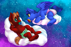 Size: 2500x1667 | Tagged: safe, artist:wittleskaj, oc, oc:score chaser, oc:skaj, pegasus, pony, baby, baby pony, brothers, cloud, colt, diaper, foal, male, pacifier, pegasus oc, playful, siblings