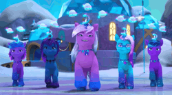 Size: 1288x718 | Tagged: safe, screencap, comet (g5), violet frost, auroricorn, pony, g5, my little pony: make your mark, my little pony: make your mark chapter 6, secrets of starlight, spoiler:g5, spoiler:my little pony: make your mark, spoiler:my little pony: make your mark chapter 6, spoiler:mymc06e04, animated, crystal horn, eyeshadow, female, gif, grin, hoof polish, horn, jewelry, levitation, magic, makeup, male, marching, mare, necklace, smiling, snow, snowball, sparkles, sparkly mane, sparkly tail, stallion, tail, telekinesis