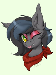 Size: 2024x2706 | Tagged: safe, artist:neoncel, oc, oc only, oc:notde, bat pony, pony, bat pony oc, bust, clothes, eyeshadow, fangs, female, freckles, high res, icon, makeup, mare, mlem, one eye closed, portrait, scarf, silly, solo, tongue out, wink