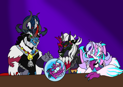 Size: 1414x1000 | Tagged: safe, artist:zetikoopa, ahuizotl, grogar, king sombra, lord tirek, opaline arcana, pony of shadows, storm king, oc, oc:alastor, oc:dark havok, oc:keiran, oc:phantom infinite, alicorn, centaur, pony, taur, g4, g5, my little pony: the movie, alexandrite arcane, amalgamation, antagonist, ashamed, crystal ball, female to male, fusion, fusion:ahuizotl, fusion:dark havok, fusion:grogar, fusion:king sombra, fusion:lord tirek, fusion:phantom infinite, fusion:pony of shadows, fusion:storm king, male, rule 63, species swap, villainess