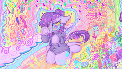 Size: 2048x1152 | Tagged: safe, artist:larvaecandy, oc, oc only, oc:vylet, butterfly, fish, pegasus, pony, i was the loner of paradise valley, vylet pony, album cover, clothes, colorful, hoodie, kneeling, leonine tail, pegasus oc, psychedelic, rain, solo, tail, wingding eyes