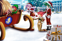 Size: 2996x1971 | Tagged: safe, alternate version, artist:mauroz, apple bloom, scootaloo, spike, sweetie belle, human, g4, anime, boots, christmas, christmas presents, christmas tree, clothes, costume, cutie mark crusaders, eyes closed, hat, holiday, humanized, open mouth, santa costume, santa hat, shoes, tree