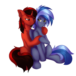 Size: 5000x5000 | Tagged: safe, artist:flapstune, oc, oc only, oc:flaps tune, oc:pixi feather, pegasus, pony, unicorn, 2024 community collab, derpibooru community collaboration, duo, duo male and female, eyeshadow, female, horn, hug, looking at each other, looking at someone, makeup, male, mare, simple background, sitting, smiling, transparent background, wings