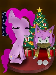 Size: 768x1024 | Tagged: safe, artist:alan-the-animeartist, pinkie pie, earth pony, g4, amy rose, christmas, christmas star, christmas tree, eyes closed, female, holiday, plushie, solo, sonic the hedgehog (series), tree
