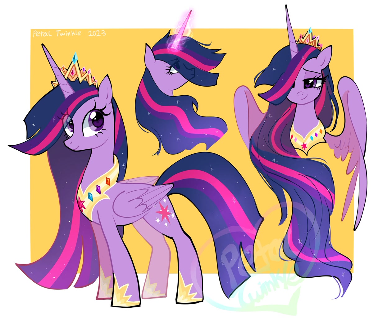 [alicorn,crown,eyebrows,female,g4,glowing,glowing horn,heart,heart eyes,horn,jewelry,long mane,mare,older,pony,safe,signature,solo,tail,twilight sparkle,white background,wingding eyes,wings,regalia,ethereal mane,starry mane,eye clipping through hair,older twilight,lidded eyes,peytral,hoof shoes,smiling,folded wings,hair over one eye,princess shoes,long horn,eyebrows visible through hair,twilight sparkle (alicorn),watermark,starry tail,the last problem,princess twilight 2.0,older twilight sparkle (alicorn),passepartout,partially open wings,artist:petaltwinkle]