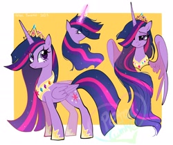Size: 2048x1723 | Tagged: safe, artist:petaltwinkle, twilight sparkle, alicorn, pony, g4, the last problem, crown, cute, element of generosity, element of harmony, element of honesty, element of kindness, element of laughter, element of loyalty, element of magic, elements of harmony, ethereal mane, eye clipping through hair, eyebrows, eyebrows visible through hair, female, folded wings, glowing, glowing horn, hair over one eye, heart, heart eyes, hoof shoes, horn, jewelry, lidded eyes, long horn, long mane, mare, older, older twilight, older twilight sparkle (alicorn), partially open wings, passepartout, peytral, princess shoes, princess twilight 2.0, regalia, signature, simple background, smiling, solo, starry mane, starry tail, tail, twiabetes, twilight sparkle (alicorn), watermark, wingding eyes, wings, yellow background