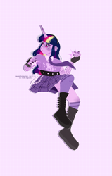 Size: 943x1480 | Tagged: safe, artist:queenhoneybee, twilight sparkle, human, equestria girls, g4, alternate clothes, alternate design, alternate hairstyle, black nail polish, boots, bracelet, clothes, ear piercing, earring, female, fingerless gloves, fishnet clothing, gloves, headband, horn, jewelry, kneesocks, magic, magic aura, miniskirt, necktie, panties, piercing, plaid skirt, purple eyes, shoes, short shirt, simple background, skirt, socks, solo, underwear