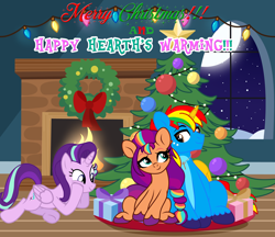 Size: 7680x6650 | Tagged: safe, artist:shieldwingarmorofgod, starlight glimmer, sunny starscout, oc, oc:shield wing, alicorn, earth pony, pony, unicorn, g4, g5, alicornified, christmas, christmas tree, christmas wreath, female, fire, fireplace, g5 to g4, generation leap, hearth's warming, holiday, male, mare, moon, night, ornaments, present, race swap, snow, snowfall, species swap, stallion, starlicorn, stars, tree, trio, window, wreath, xk-class end-of-the-world scenario