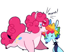 Size: 2048x1656 | Tagged: safe, artist:goatpaste, pinkie pie, rainbow dash, earth pony, pegasus, pony, g4, alternate design, collar, duo, fat, female, forehead kiss, kissing, lesbian, mare, pudgy pie, ship:pinkiedash, shipping, simple background, spiked collar, tongue out, white background