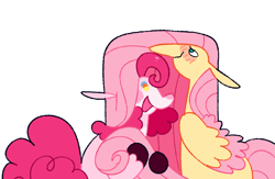 Size: 2048x1337 | Tagged: safe, artist:goatpaste, fluttershy, pinkie pie, earth pony, pegasus, pony, g4, alternate design, duo, female, lesbian, ship:flutterpie, shipping, simple background, white background