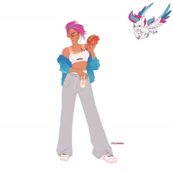 Size: 2048x2048 | Tagged: safe, artist:cryweas, zipp storm, human, pegasus, pony, g5, abs, alternate hairstyle, belly button, belly piercing, bellyring, big mac (burger), blushing, burger, clothes, cup, ear piercing, earring, eating, embarrassed, eyebrow piercing, fast food, female, food, hamburger, high res, hoodie, humanized, jewelry, mare, mcdonald's, midriff, muscles, nail polish, pants, piercing, running, shoes, simple background, sneakers, soda, solo, sports bra, sweat, sweatpants, tan lines, tattoo, underwear, white background
