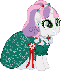 Size: 1385x1600 | Tagged: safe, artist:cloudy glow, sweetie belle, unicorn, g4, 1995, barbie, clothes, dress, eyeshadow, female, holiday, holiday barbie, makeup, simple background, smiling, solo, transparent background