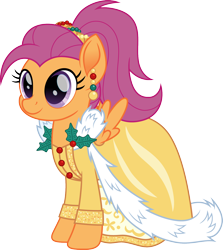 Size: 1424x1600 | Tagged: safe, artist:cloudy glow, scootaloo, pegasus, pony, g4, 1994, barbie, clothes, dress, female, holiday, holiday barbie, holly, ponytail, simple background, smiling, solo, transparent background