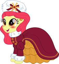 Size: 1460x1600 | Tagged: safe, artist:cloudy glow, apple bloom, earth pony, pony, g4, 1996, barbie, blushing, clothes, dress, female, hat, holiday, holiday barbie, simple background, solo, transparent background, winter hat