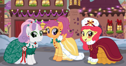 Size: 3053x1600 | Tagged: safe, artist:cloudy glow, apple bloom, scootaloo, sweetie belle, earth pony, pegasus, pony, unicorn, g4, barbie, christmas, clothes, cutie mark crusaders, dress, female, hat, holiday, holiday barbie, ponytail, ponyville, smiling, trio, trio female, winter, winter hat