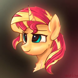 Size: 828x828 | Tagged: safe, artist:weiling, sunset shimmer, pony, unicorn, g4, bust, female, gradient background, portrait, smiling, solo