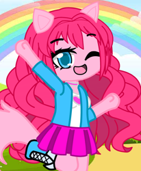 Size: 890x1080 | Tagged: safe, artist:80ssuperstar, pinkie pie, earth pony, anthro, equestria girls, g4, boots, clothes, female, gacha club, high heel boots, jacket, pony ears, rainbow, shirt, shoes, skirt, solo, tail, vest