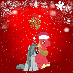 Size: 999x999 | Tagged: safe, artist:sketchmcreations, big macintosh, marble pie, earth pony, pony, g4, christmas, christmas picture, cute, duo, female, freckles, hat, hearth's warming, holiday, male, marblebetes, mare, mistleholly, ribbon, santa hat, ship:marblemac, shipping, smiling, stallion, straight