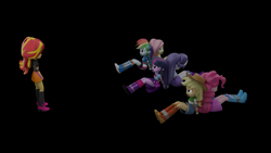 Size: 3840x2160 | Tagged: safe, artist:ennddy, applejack, fluttershy, pinkie pie, rainbow dash, rarity, sunset shimmer, twilight sparkle, human, equestria girls, g4, 3d, angry, antagonist, arm behind back, back to back, belt, black background, bondage, boots, clothes, cowboy boots, cowboy hat, damsel in distress, gag, hat, high heel boots, high res, humane five, humane seven, humane six, jacket, kidnapped, rainbow socks, rope, rope bondage, shirt, shoes, simple background, skirt, socks, striped socks, tape, tape bondage, tape gag, tied up, vest, worried