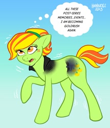 Size: 893x1035 | Tagged: safe, artist:hornbuckle, oc, oc:goldrush, earth pony, pony, blue background, disappearing clothes, emanata, female, gradient background, human to pony, male to female, mare, open mouth, rule 63, shivering, sweat, sweatdrops, thought bubble, transformation, transformation sequence, transgender transformation