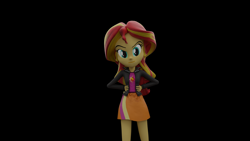 Size: 3840x2160 | Tagged: safe, artist:ennddy, sunset shimmer, human, equestria girls, g4, 3d, antagonist, arms, black background, breasts, bust, clothes, eyebrows, female, hand on hip, head tilt, high res, leather jacket, legs, long hair, raised eyebrow, simple background, skirt, smiling, solo, teenager, top