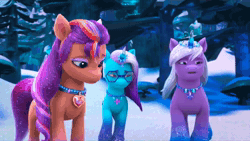 Size: 1920x1082 | Tagged: safe, screencap, comet (g5), izzy moonbow, sunny starscout, violet frost, auroricorn, earth pony, pony, unicorn, g5, my little pony: make your mark, my little pony: make your mark chapter 6, secrets of starlight, spoiler:g5, spoiler:my little pony: make your mark, spoiler:my little pony: make your mark chapter 6, spoiler:mymc06e04, animated, bag, bottle, clumsy, crystal horn, eyeshadow, female, glitter, heart, hoof polish, horn, jewelry, locket, makeup, male, mare, necklace, nova charm, oops, relic, ruby, saddle bag, slipping, snow, sound, sparkles, sparkly mane, sparkly tail, stallion, tail, webm, whoops